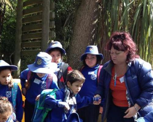 An image of Grace helping a group of school children feed the eels at the Willowbank Wildlife Reserve.