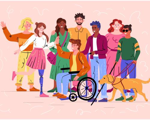 A stylistic illustration of a group of people with different abilities, genders and ethnicities