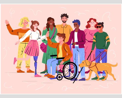 A stylistic illustration of a group of people with different abilities, genders and ethnicities